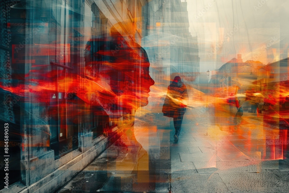 A mesmerizing image capturing the essence of urban life with a motion blur effect depicting the fast-paced movement of city dwellers