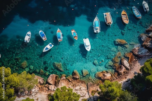 coastal haven aerial view of boats docked by the shore panoramic photography