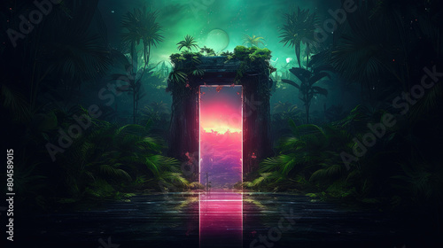 Fototapeta Naklejka Na Ścianę i Meble -  Mysterious door or portal with neon light in the jungle in synthwave style.