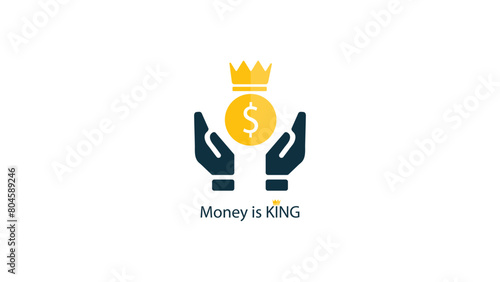 flat design finance icon for business, containing coins and crowns and the words money is king, suitable for logos and wallpaper or financial business icons
