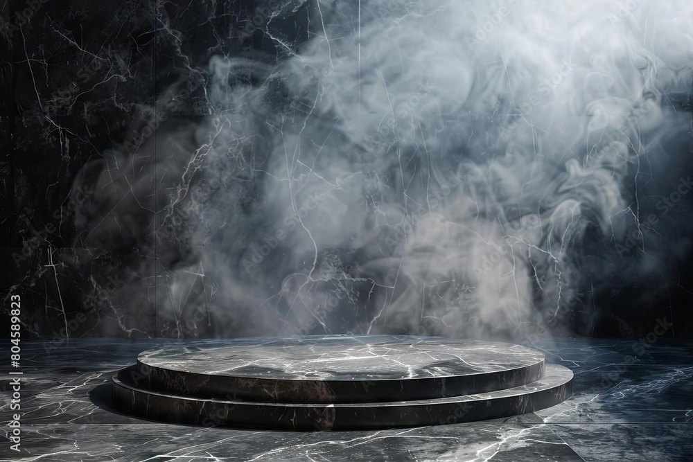 dark marble podium on stone floor with eerie smoke dramatic lighting abstract background