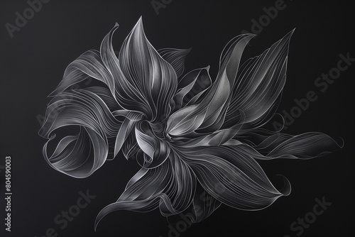Graphite sketch Abstract and minimal Features a flowing design, Thai art, on a completely black background.