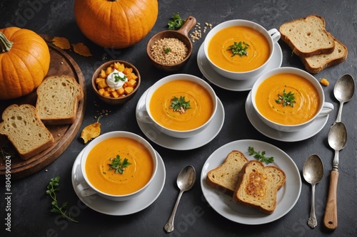 Tray of homemade pumpkin soup served with whole wheat toast