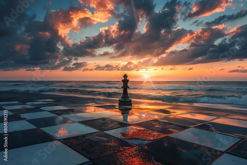 dramatic sunrise over chessboard on beach surreal conceptual composition digital art