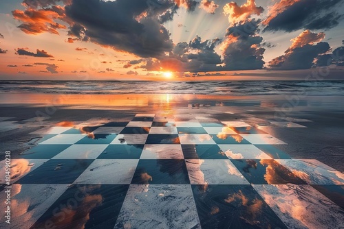 dramatic sunrise over chessboard on beach surreal conceptual composition digital art #804590238