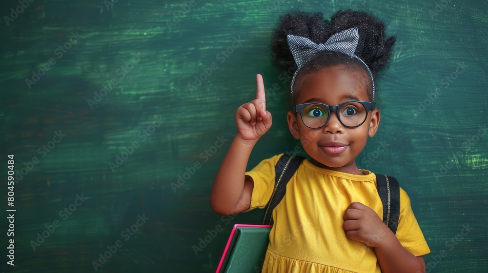 Back to school. Funny little girl African in glasses pointing up on blackboard. Child from elementary school with book and bag. Education. Concept of lifelong learning