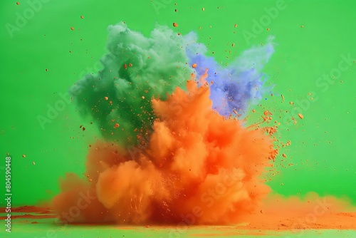 dynamic colored powder explosion on green screen abstract backdrop