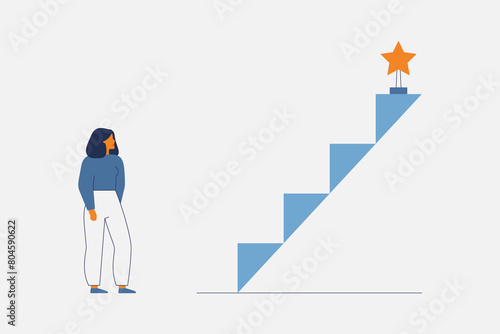 Woman moving forward by small steps in her occupation. Incremental Progress in career and business. Female person does everyday efforts for long-term goals. Vector Illustration