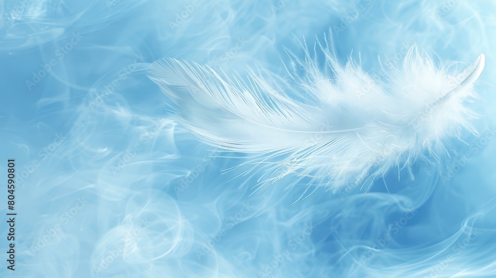 A white feather against a blue and white backdrop, softly blurred bird wing in the distance A white feather against a blue and white backdrop, softly blurred bird wing in the distance