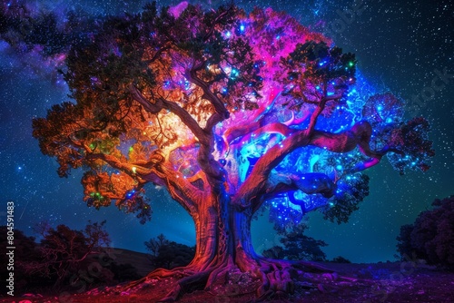 A vibrant photograph capturing the iconic Yggdrasil, the Norse Tree of Life. Generative AI