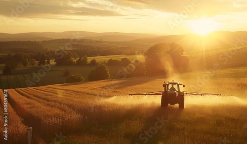 Tractor spraying field with sprayer