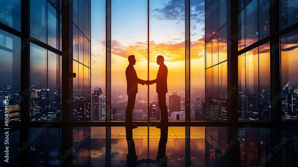 Dramatic sunset cityscape backdrop with silhouettes of two business people shaking hands in an office