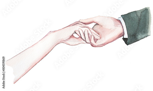 Handshake between man and woman isolated on white.Love and romance concept watercolor painting.
