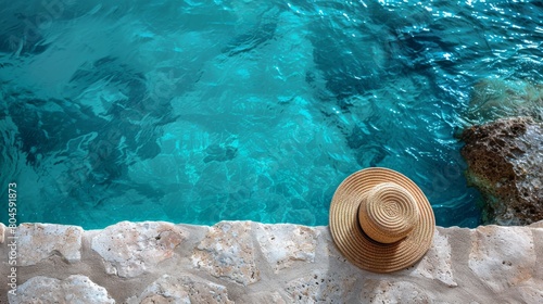 A beautiful swimming pool. A beautiful beach surface with waves. A hat on a travertine stone.
