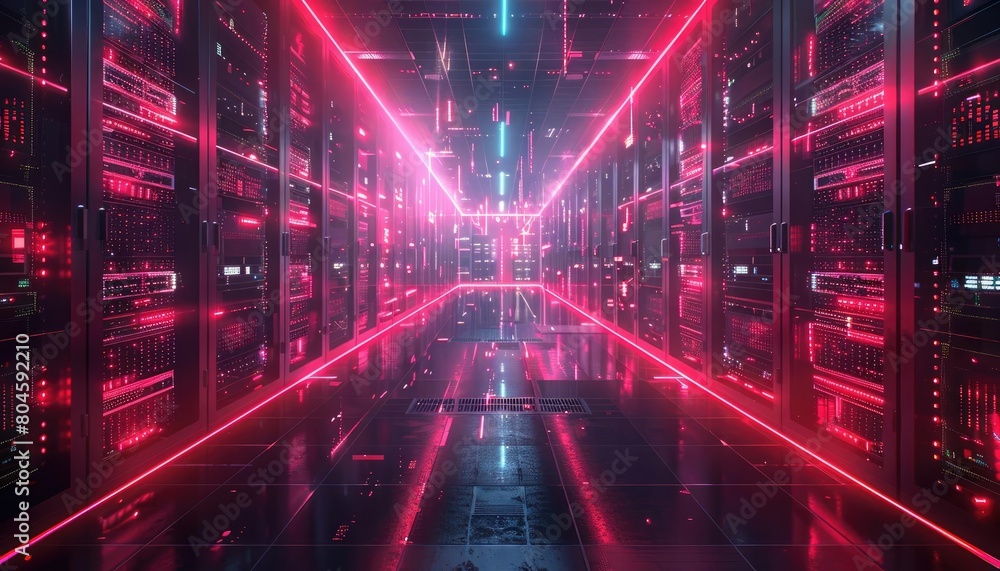 Artistic rendering of a data center with a glitch effect running through its core structure, visualizing the impact of a successful cyber attack, high resolution DSLR