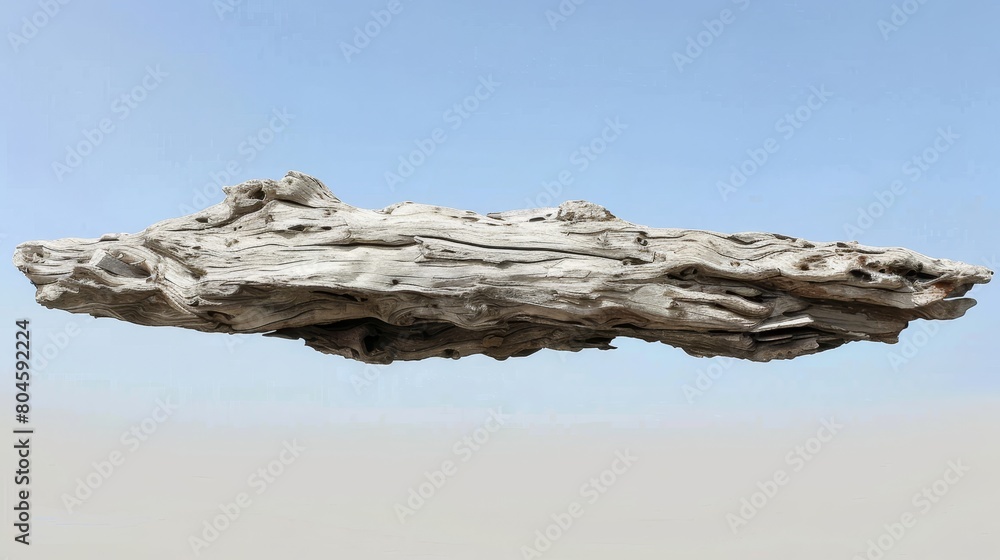 Fototapeta premium A sizeable driftwood piece atop a sandy beach, adjacent to a body of water and a blue sky