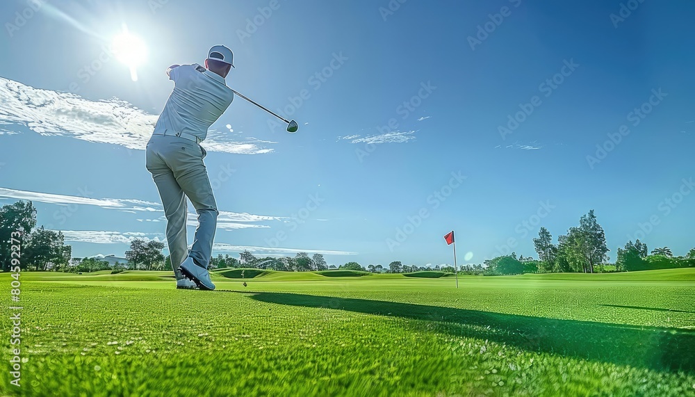 Dramatic action shot of a golfers teeoff, capturing the power and precision of the swing, with a clear blue sky above, 8K resolution