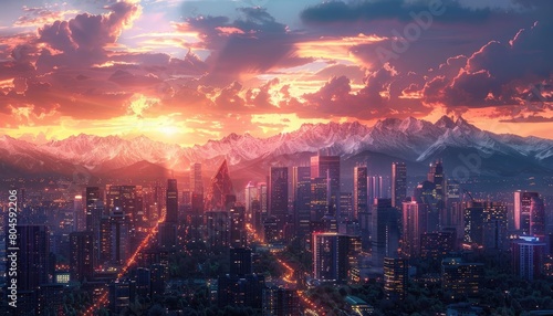 Artistic rendering of a city skyline at dusk with mountains superimposed in the background, blending urban life with rugged nature, high detailed © Anapus