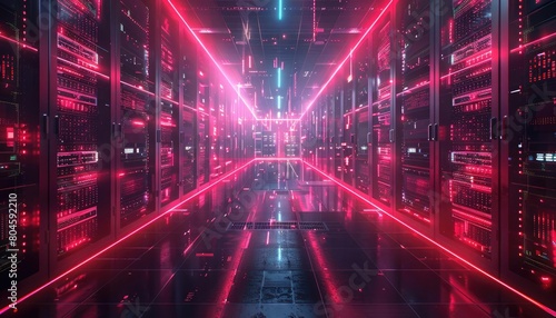 Artistic rendering of a data center with a glitch effect running through its core structure  visualizing the impact of a successful cyber attack  high resolution DSLR