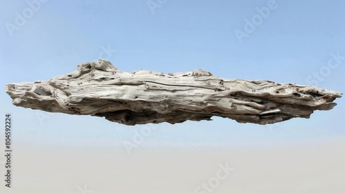  A sizeable driftwood piece atop a sandy beach, adjacent to a body of water and a blue sky