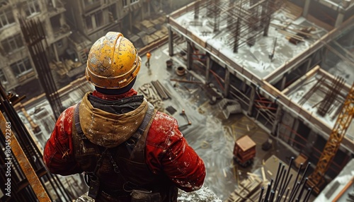 Construction worker overseeing the placement of rebar from above, commanding view of the strategic layout on the building site, hyper realistic