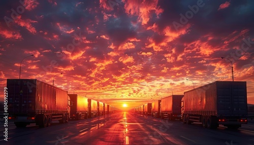Dramatic sunset behind a convoy of delivery trucks traveling on a highway, symbolizing the relentless pace of the transport industry, ultra HD