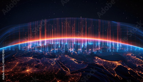 Visual metaphor of a 5G signal wrapping around the Earth  signifying the worldwide reach and impact of nextgeneration networks  super detailed
