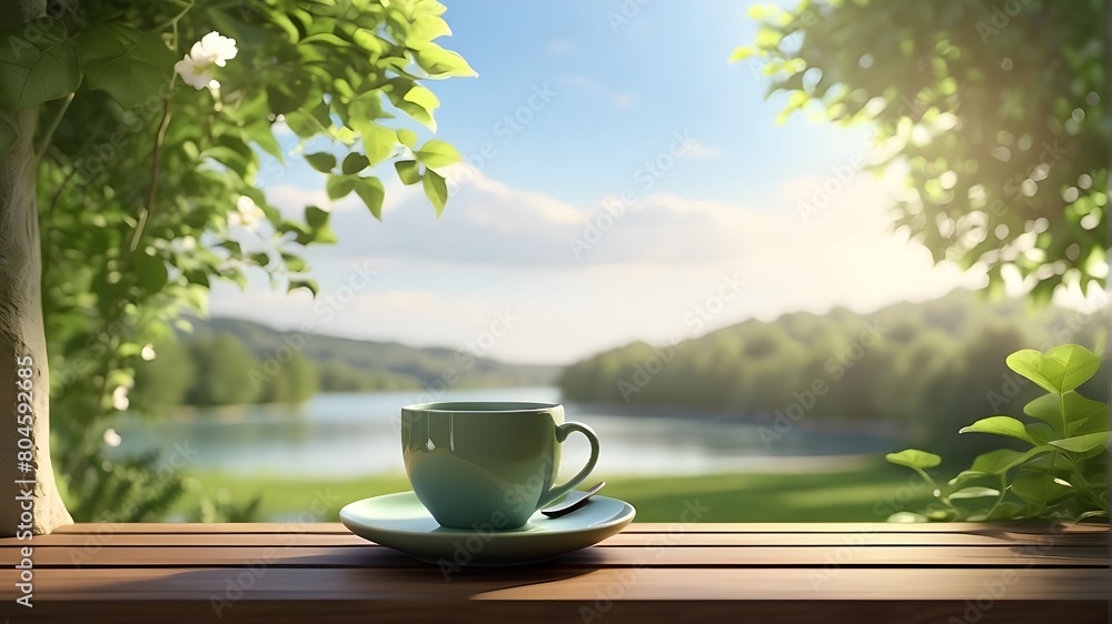 An artistic interpretation of a scenic outdoor area featuring a cup of herbal tea, set against a backdrop of serene nature with vibrant greenery and gentle sunlight filtering through the leaves. The a An artistic interpretation of a scenic outdoor area featuring a cup of herbal tea, set against a backdrop of serene nature with vibrant greenery and gentle sunlight filtering through the leaves. The a