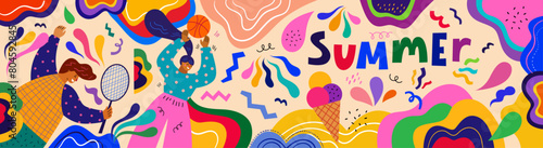 Colorful summer vector banner with people doing sports. An illustration showing summer sports activities: volleyball and badminton. People playing outdoors. Summer time concept design