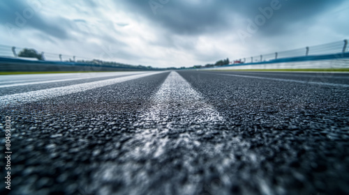 Asphalt surface of a race track, highlighting its rough texture and the central white line under a cloudy sky.