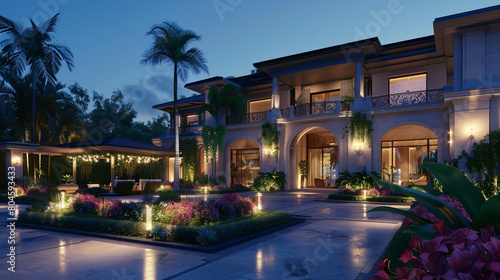 A grand  upscale residence showcasing its modern elegance with subtle lighting  surrounded by a botanical paradise of lush greenery and colorful flowers.
