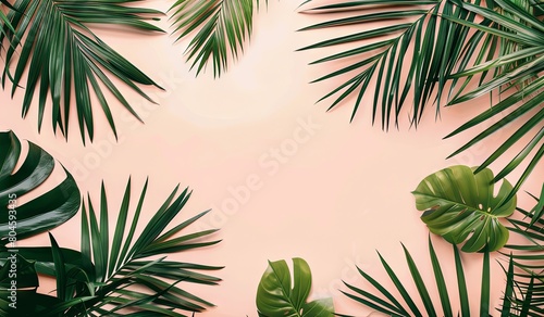 Group of palm leaves on pink background