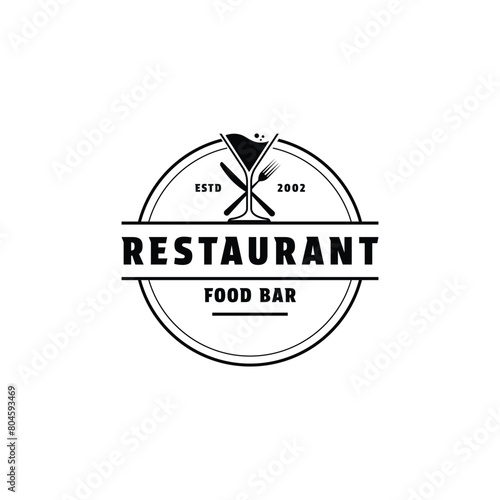 Restaurant food bar logo design concept with fork, knife and glass vintage retro label circle