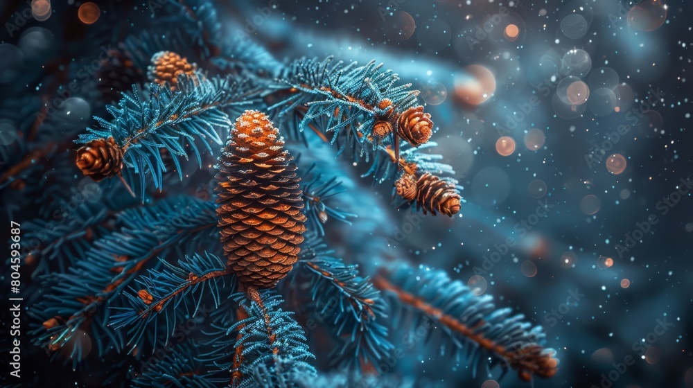 A pine cone, tightly clasped to its branch, against a backdrop of falling snow among pine trees A pine cone, tightly clasped to its branch, against a backdrop of falling snow among pine trees