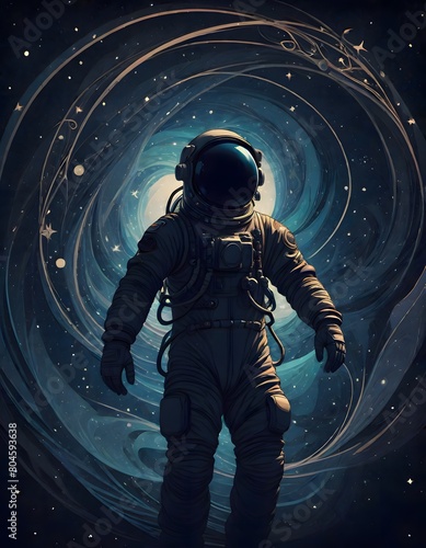 Astronaut in space suit floating amidst a mesmerizing swirl of cosmic energy and galaxy, representing orbits or energy waves, Generative AI. (ID: 804593638)