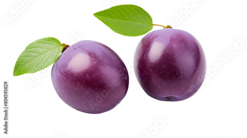 Pair of Ripe Purple Plums with Fresh Leaves on Transparent Background - Vibrant Organic Fruit Studio Close-up for Culinary Designs and Healthy Nutrition Concepts