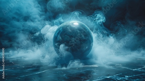 Future prediction with a crystal ball in front of a dark, smoky background. photo