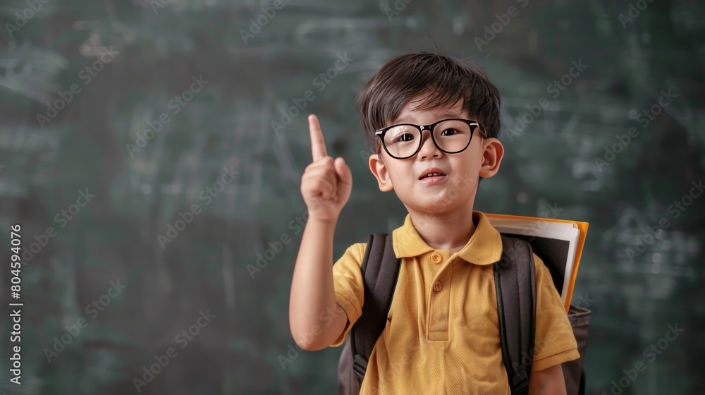 Back to school. Funny little boy Asian in glasses pointing up on blackboard. Child from elementary school with book and bag. Education. Concept of lifelong learning