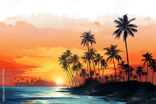 Palm trees swaying in the breeze against a backdrop of vibrant sunset colors, isolated on solid white background.