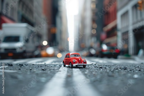 miniature vintage red car navigating city streets automotive closeup photo
