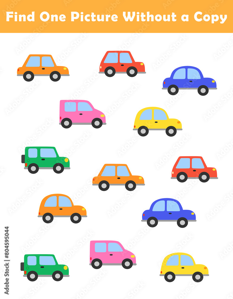 Find One Picture Without a Copy for Preschool Children. Find same picture worksheet for kids. Worksheet for kindergarten-aged children with cute car illustration.