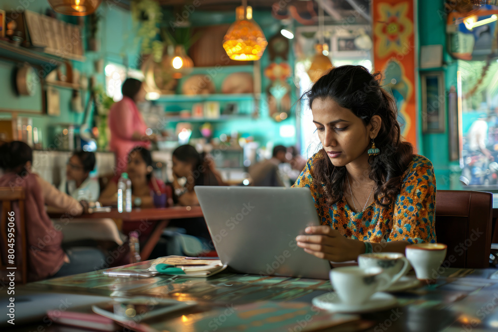 An Indian woman engrossed in her laptop work at a vibrant cafe, illustrating the convenience and adaptability of remote work culture.