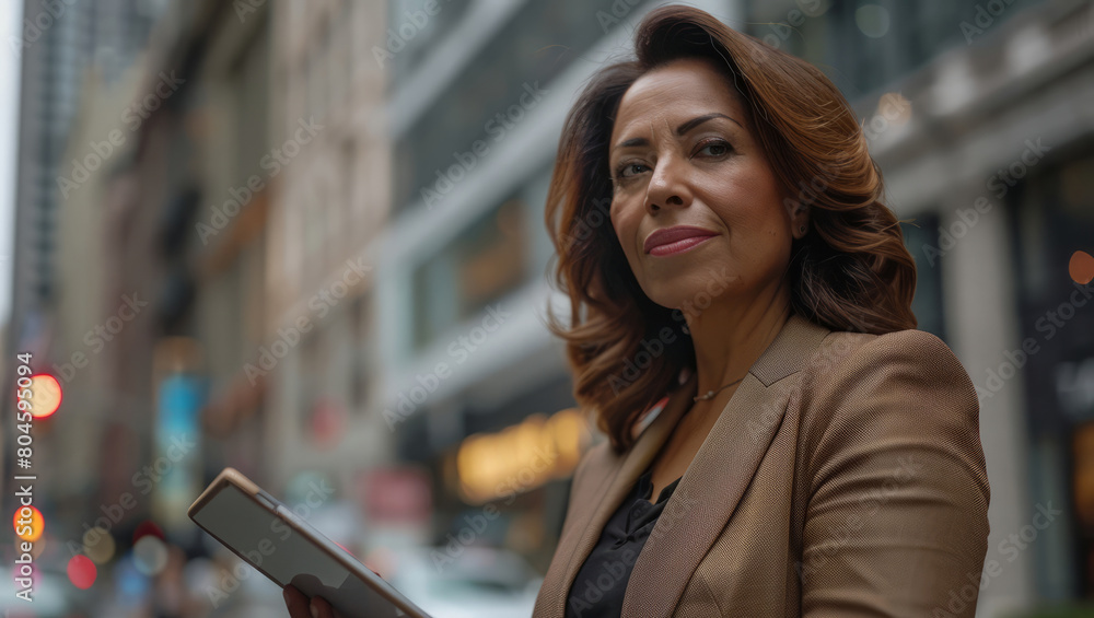 As she stands in the midst of the busy office city street, the middle-aged Hispanic businesswoman investor exudes confidence, her digital tablet in hand serving as a tool for envisioning future As she stands in the midst of the busy office city street, the middle-aged Hispanic businesswoman investor exudes confidence, her digital tablet in hand serving as a tool for envisioning future