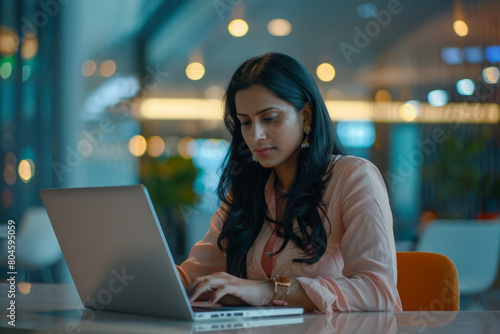 An Indian businesswoman concentrates on her work, typing on a laptop in a sleek office space, illustrating diligence and commitment.