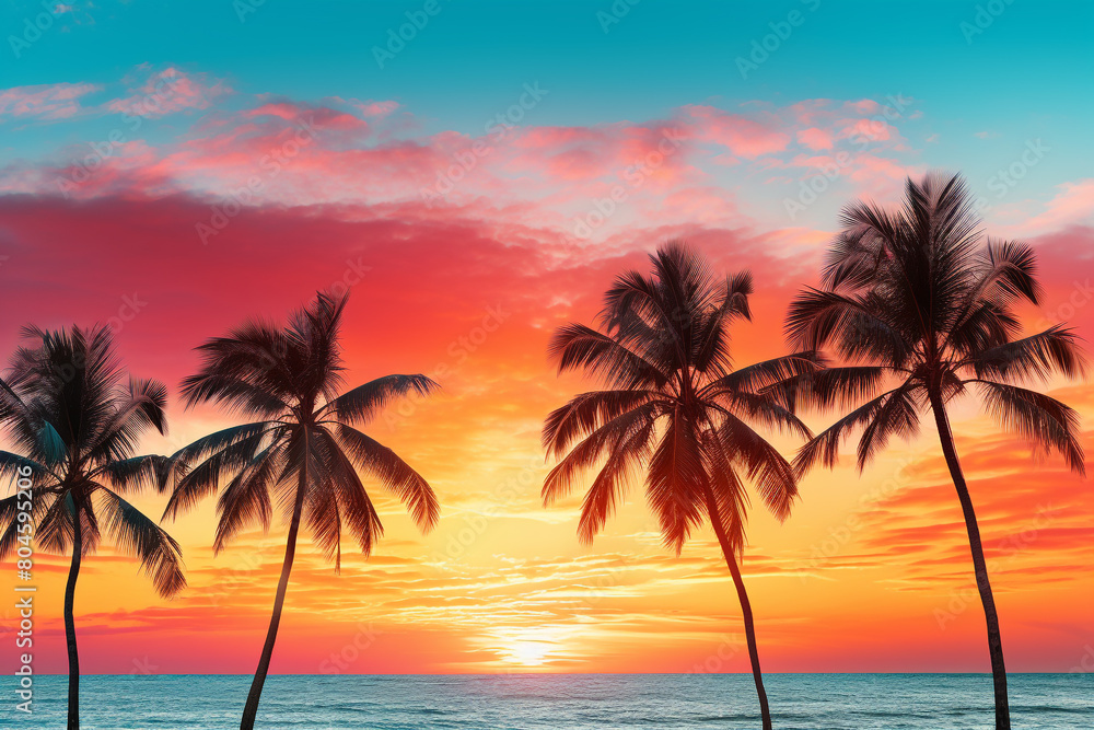 Palm trees swaying in the breeze against a backdrop of vibrant sunset colors, isolated on solid white background.