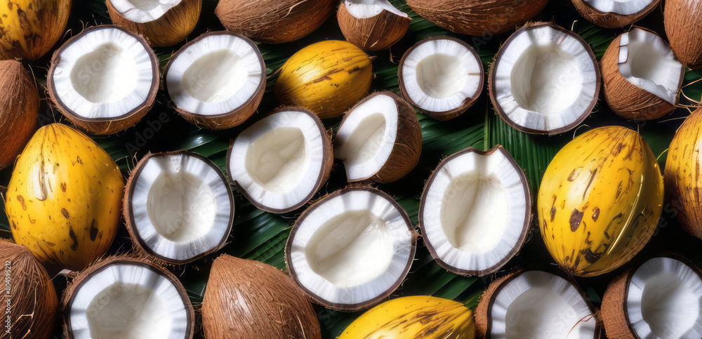 Coconuts and green tropical leaves on a yellow background. Top view, flat lay. Summer still life. Banner with copy space, place for text. Coconuts and green tropical leaves on a yellow background. Top view, flat lay. Summer still life. Banner with copy space, place for text.