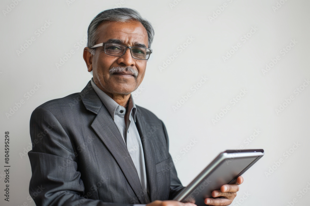 Happy mature Indian businessman using a digital tablet, isolated on a white background. A middle-aged CEO executive in a suit, an older male professional entrepreneur, looking at the camera. Happy mature Indian businessman using a digital tablet, isolated on a white background. A middle-aged CEO executive in a suit, an older male professional entrepreneur, looking at the camera.