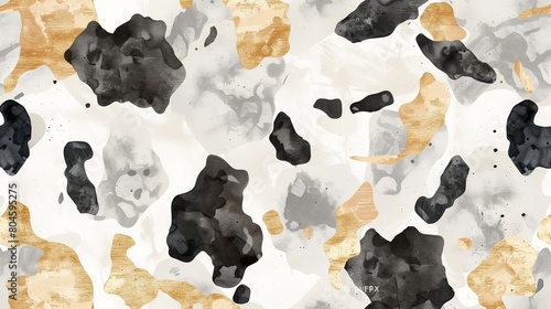 A pattern with watercolor abstract cow spots in charcoal gray, beige, and gold leaf.