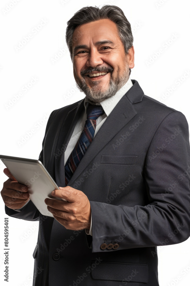 Joyful mature Latino businessman using a digital tablet, isolated on a white background. A middle-aged CEO executive in a suit, an older male professional entrepreneur, looking at the camera. Joyful mature Latino businessman using a digital tablet, isolated on a white background. A middle-aged CEO executive in a suit, an older male professional entrepreneur, looking at the camera.