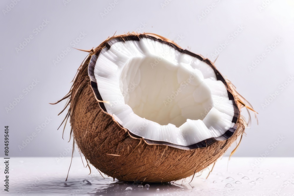 Coconuts and water drops on a white background. Summer still life. Banner with copy space, place for text. Coconuts and water drops on a white background. Summer still life. Banner with copy space, place for text.